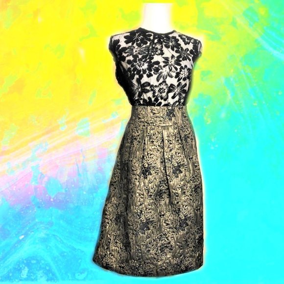 KATHY COLE Black and Gold Embossed Pattern Brocade Skirt Size 10 - Picture 1 of 6